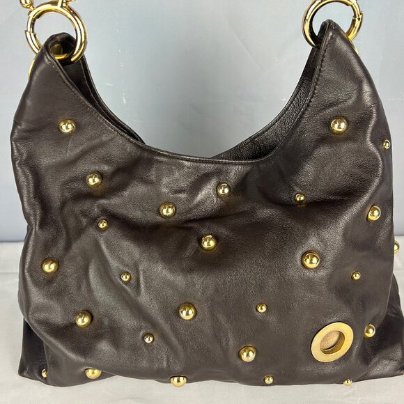 Goldenblue Studded Leather Handbag Hobo Oversize Shoulder Bag Soft Brown Leather
